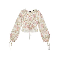 Rose-Print Silk Deep V Tied Cropped Top