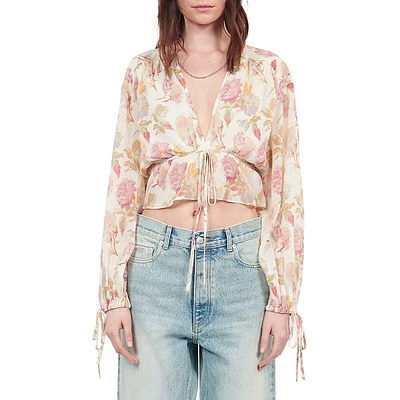 Rose-Print Silk Deep V Tied Cropped Top