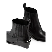 Western-Style Leather Wedge-Heel Ankle Boots