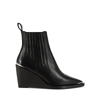 Western-Style Leather Wedge-Heel Ankle Boots