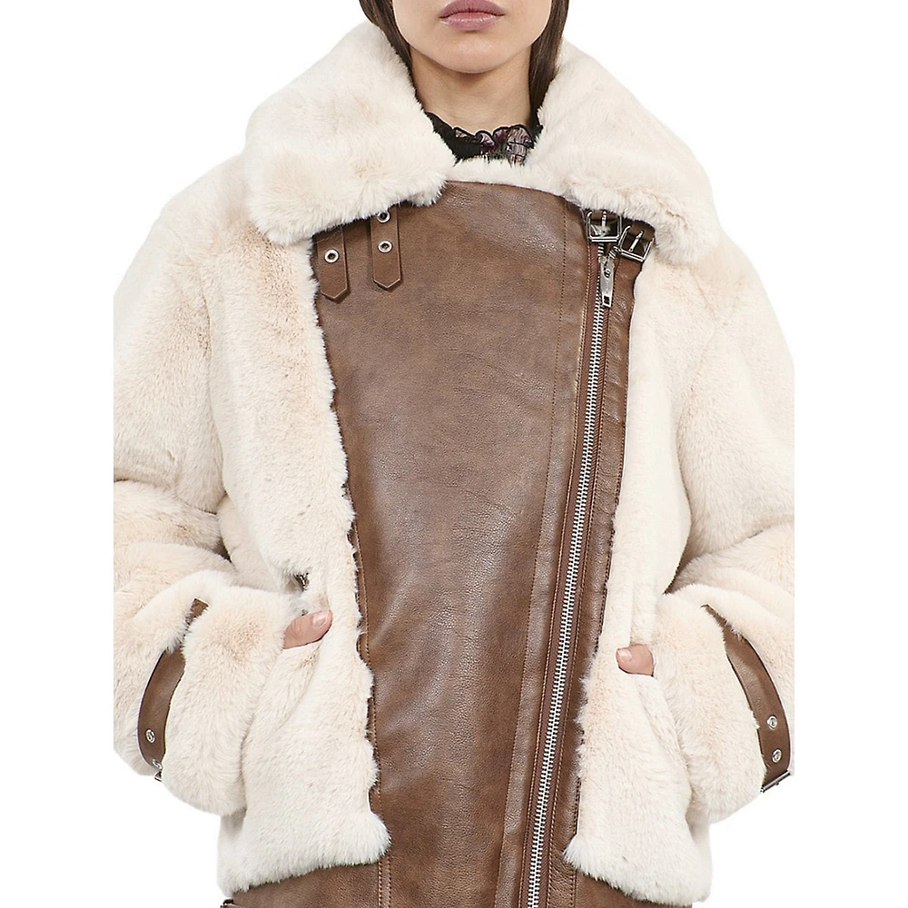 Faux Fur & Leather Mixed Media Aviator Jacket