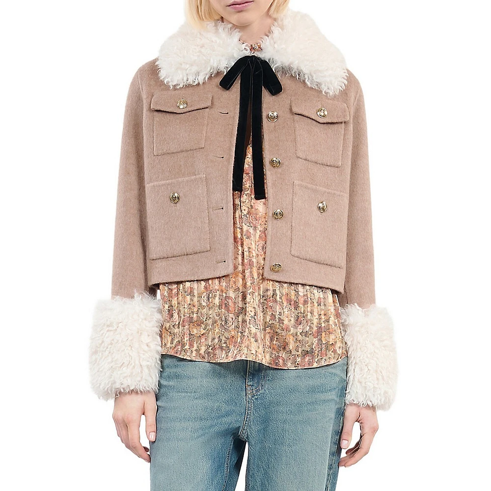 Faux Shearling-Trimmed Wool-Blend Cropped Jacket