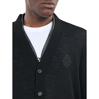 Leather-Trim Merino Wool V-Neck Cardigan