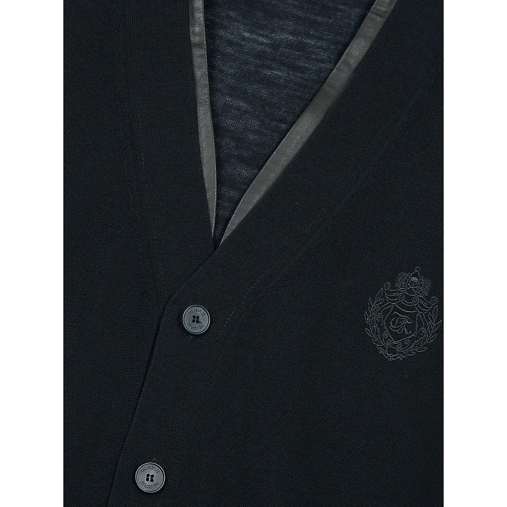 Leather-Trim Merino Wool V-Neck Cardigan