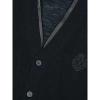 Leather-Trim Merino Wool V-Neck Cardigan