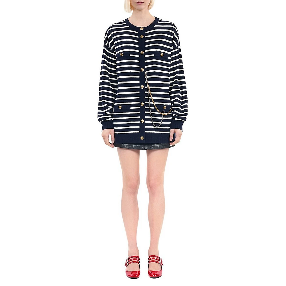 Chain-Detail Striped Wool Cardigan