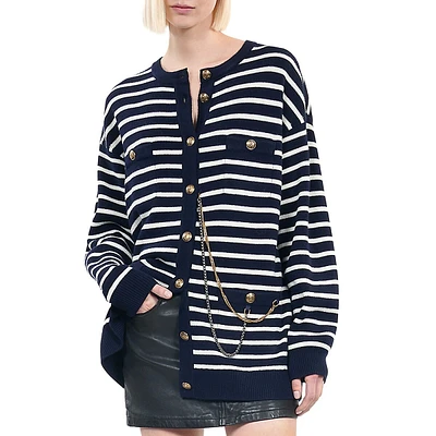 Chain-Detail Striped Wool Cardigan