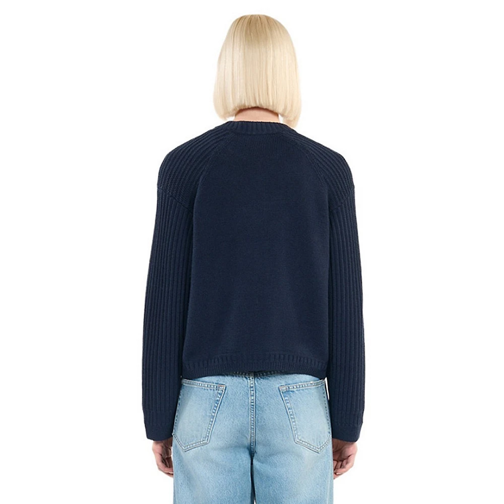 Wool-Blend Ribbed-Sleeve Cropped Cardigan