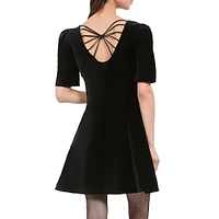 Stud-Trim Velvet Puff-Sleeve A-Line Mini Dress