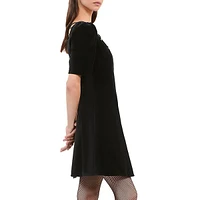 Stud-Trim Velvet Puff-Sleeve A-Line Mini Dress