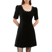 Stud-Trim Velvet Puff-Sleeve A-Line Mini Dress