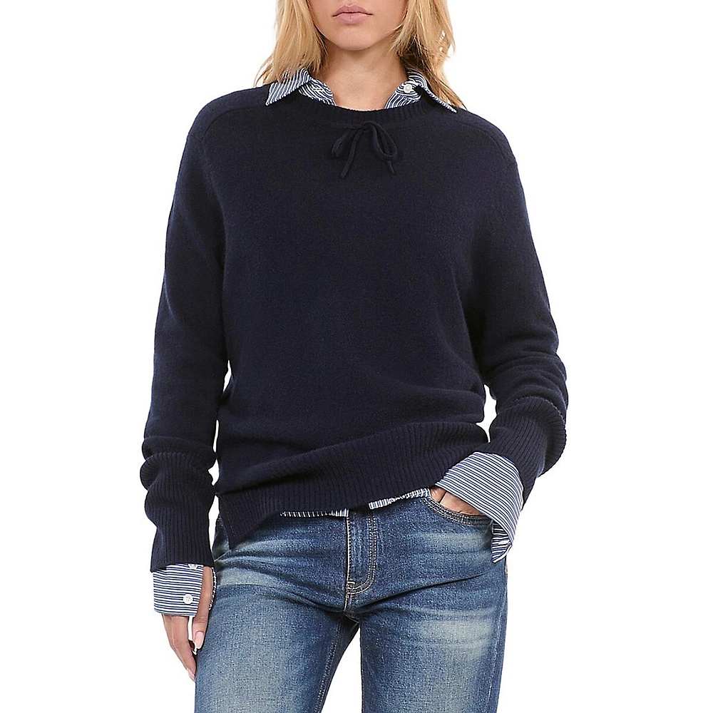 Bow-Trim Roundneck Cashmere-Blend Sweater