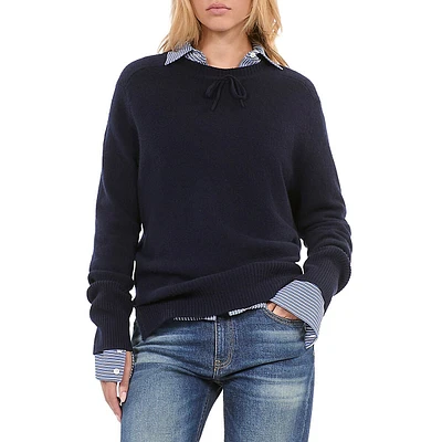 Bow-Trim Roundneck Cashmere-Blend Sweater