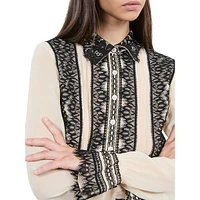 Lace-Trim Silk Flared-Cuff Fitted Shirt