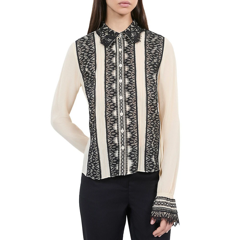 Lace-Trim Silk Flared-Cuff Fitted Shirt