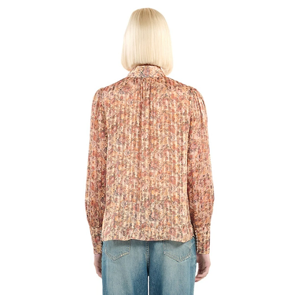 Floral-Print Silk HIghneck Keyhole Blouse