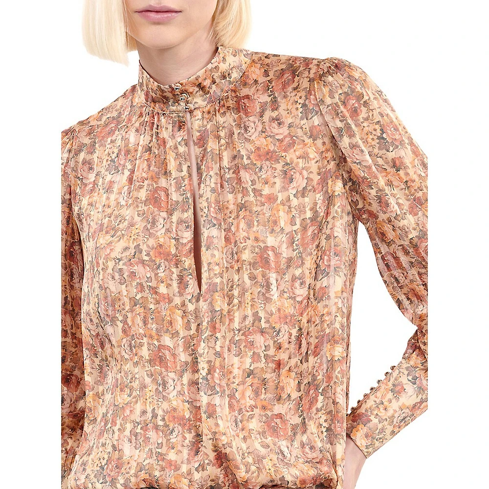 Floral-Print Silk HIghneck Keyhole Blouse