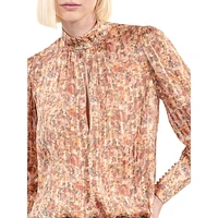 Floral-Print Silk HIghneck Keyhole Blouse