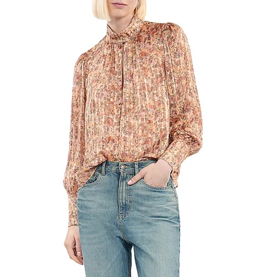 Floral-Print Silk HIghneck Keyhole Blouse