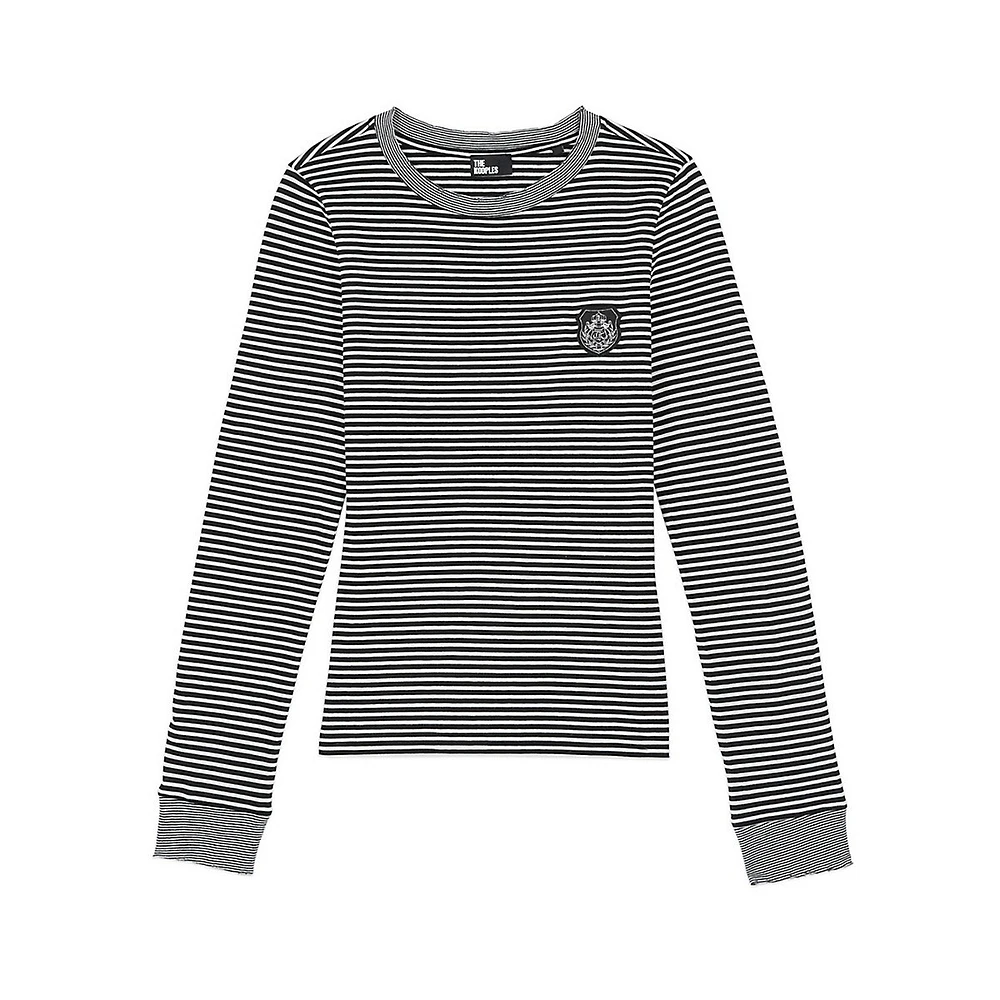 Long-Sleeve Blazon-Patch Striped T-Shirt