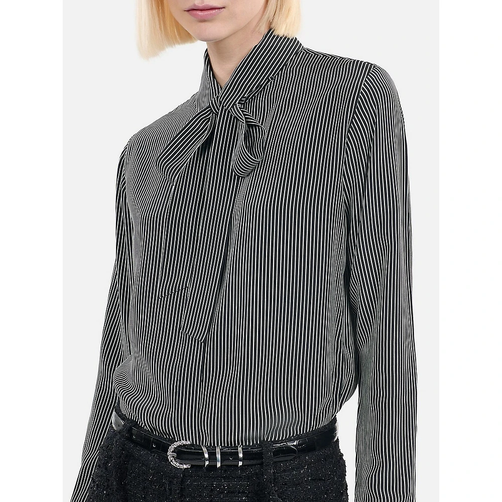 Bow-Collar Striped Silk Shirt