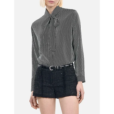 Bow-Collar Striped Silk Shirt