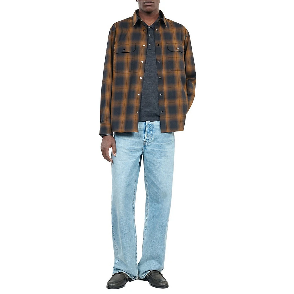 Wide-Cut Frayed-Hem Check Shirt