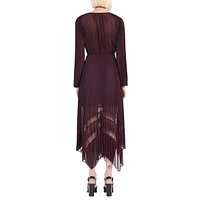 Long-Sleeve Pleated Sharkbite-Hem Maxi Dress