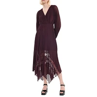 Long-Sleeve Pleated Sharkbite-Hem Maxi Dress