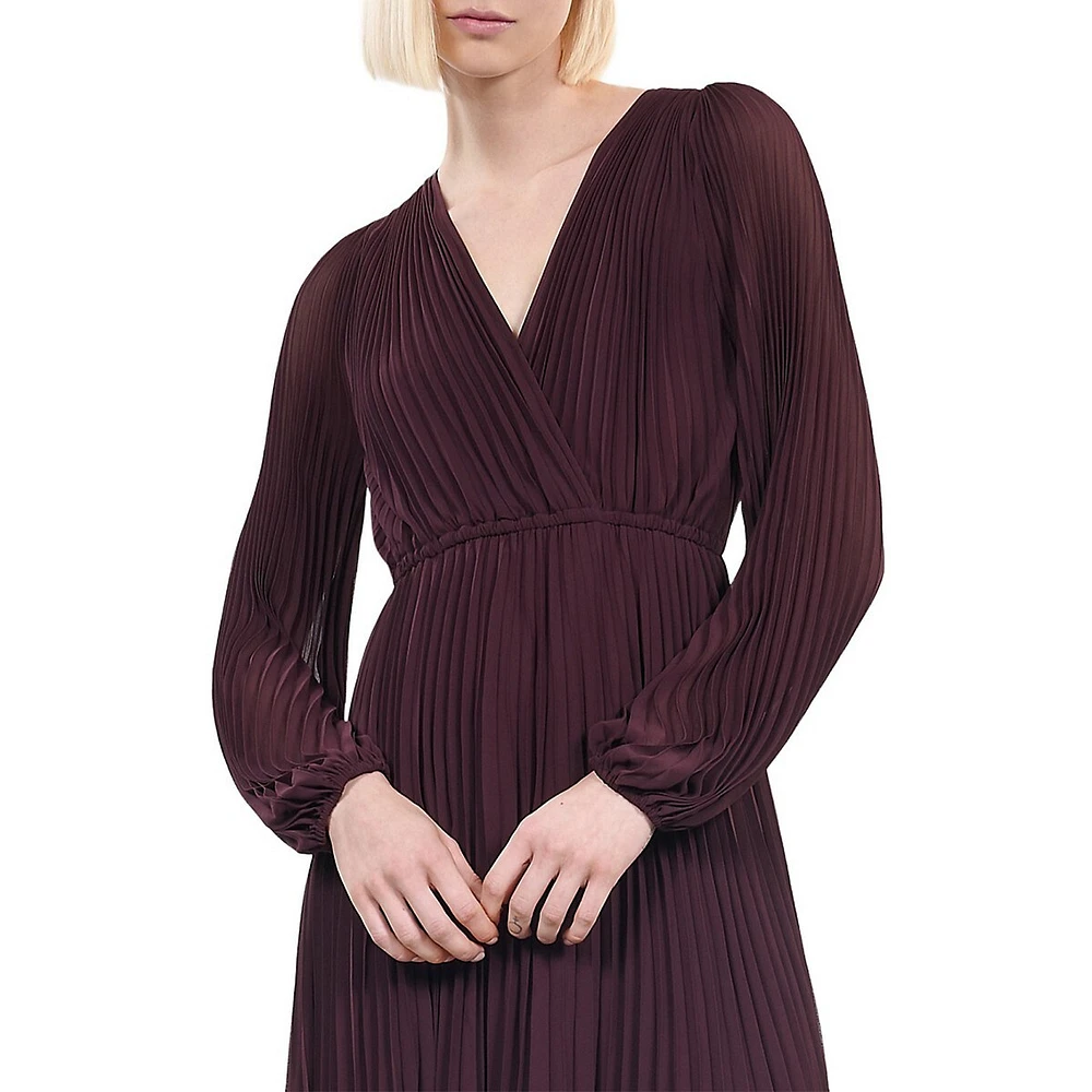 Long-Sleeve Pleated Sharkbite-Hem Maxi Dress