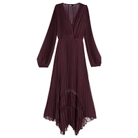 Long-Sleeve Pleated Sharkbite-Hem Maxi Dress