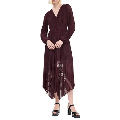 Long-Sleeve Pleated Sharkbite-Hem Maxi Dress