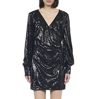 Long-Sleeve Sequin Mini Wrap Dress