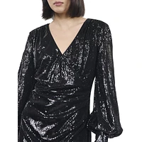 Long-Sleeve Sequin Mini Wrap Dress