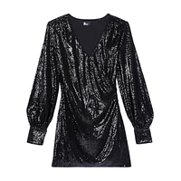 Long-Sleeve Sequin Mini Wrap Dress