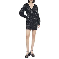 Long-Sleeve Sequin Mini Wrap Dress