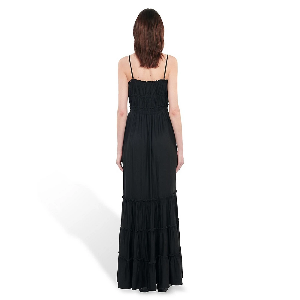 Strappy Shirred Bow-Trim Tiered Maxi Dress