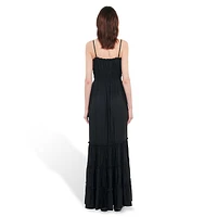 Strappy Shirred Bow-Trim Tiered Maxi Dress