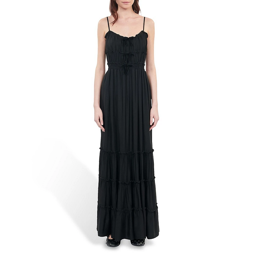 Strappy Shirred Bow-Trim Tiered Maxi Dress