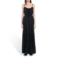 Strappy Shirred Bow-Trim Tiered Maxi Dress