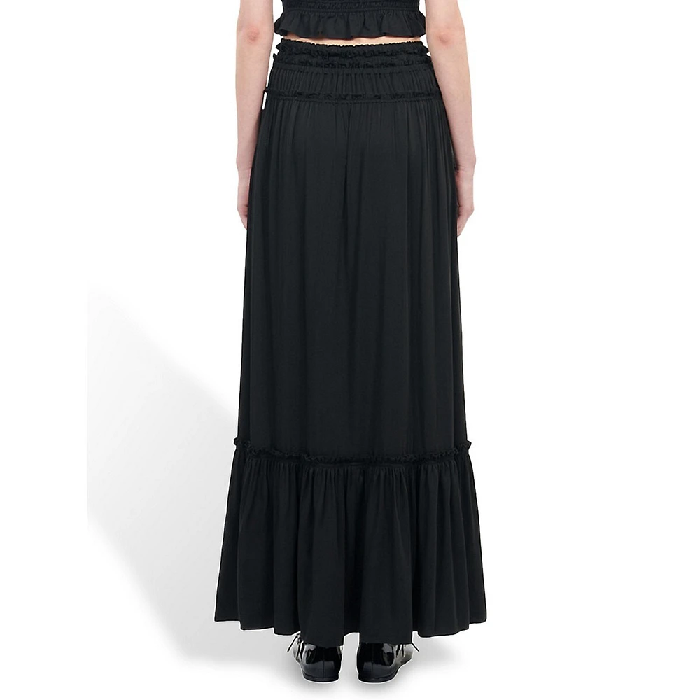 Tiered-Ruffle Bow Maxi Skirt