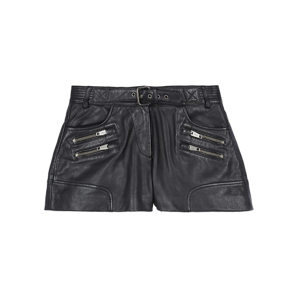 Zip-Pocket Belted Leather Shorts