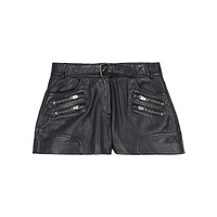 Zip-Pocket Belted Leather Shorts