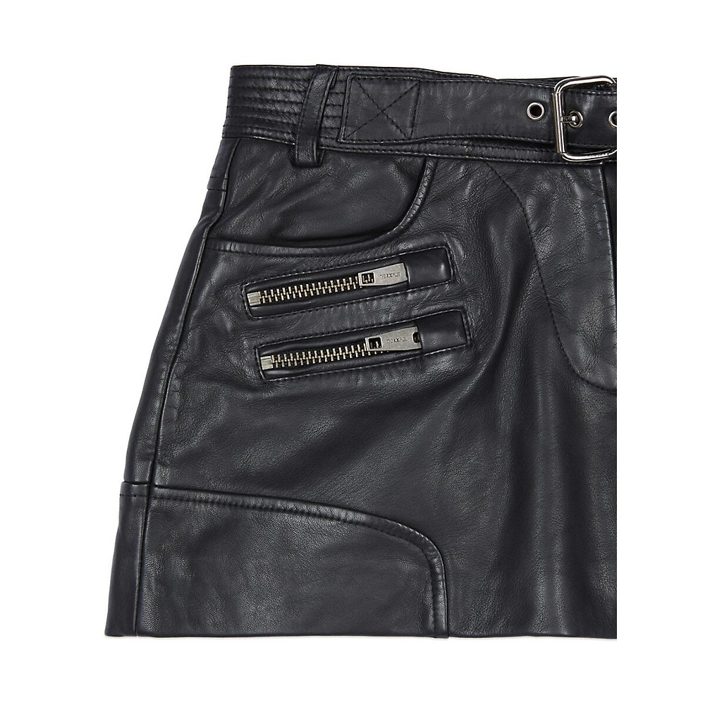 Zip-Pocket Belted Leather Shorts