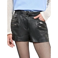 Zip-Pocket Belted Leather Shorts