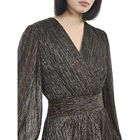 Metallic Jersey Blouson-Sleeve Mini Wrap Dress