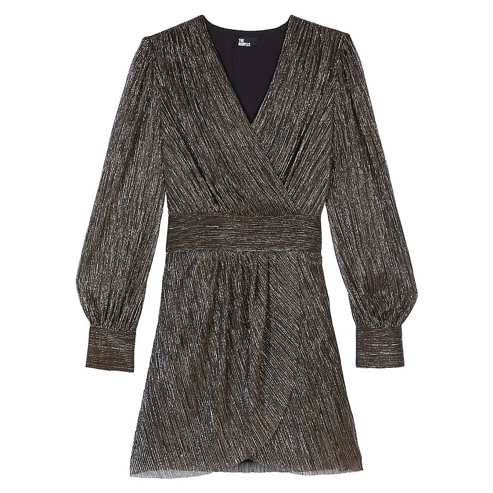 Metallic Jersey Blouson-Sleeve Mini Wrap Dress