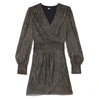 Metallic Jersey Blouson-Sleeve Mini Wrap Dress