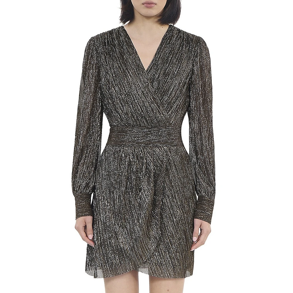 Metallic Jersey Blouson-Sleeve Mini Wrap Dress