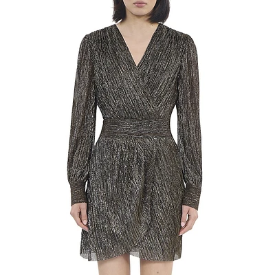 Metallic Jersey Blouson-Sleeve Mini Wrap Dress